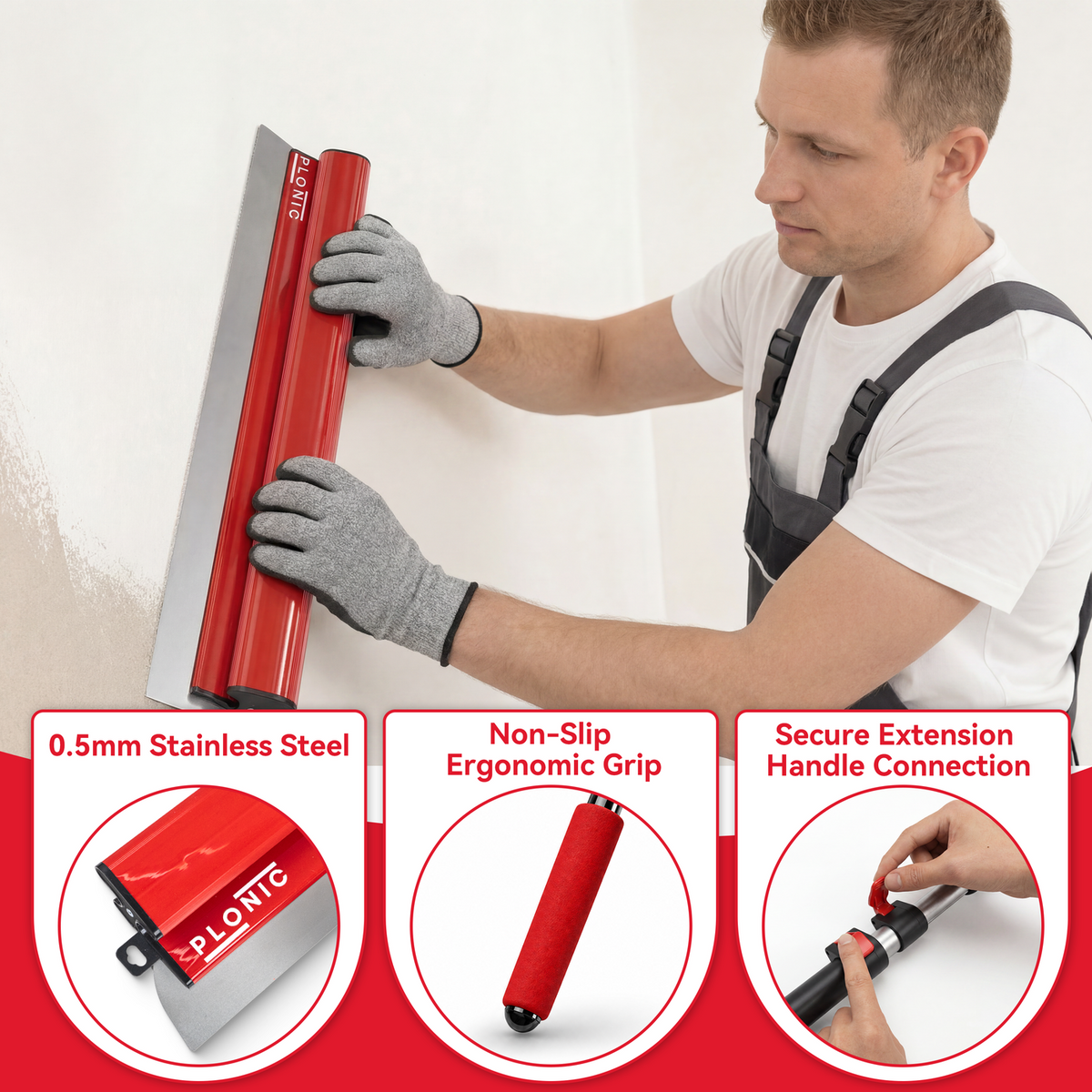 PLONIC skimming blade features: 0.5mm stainless, non-slip grip, extension handle connection
