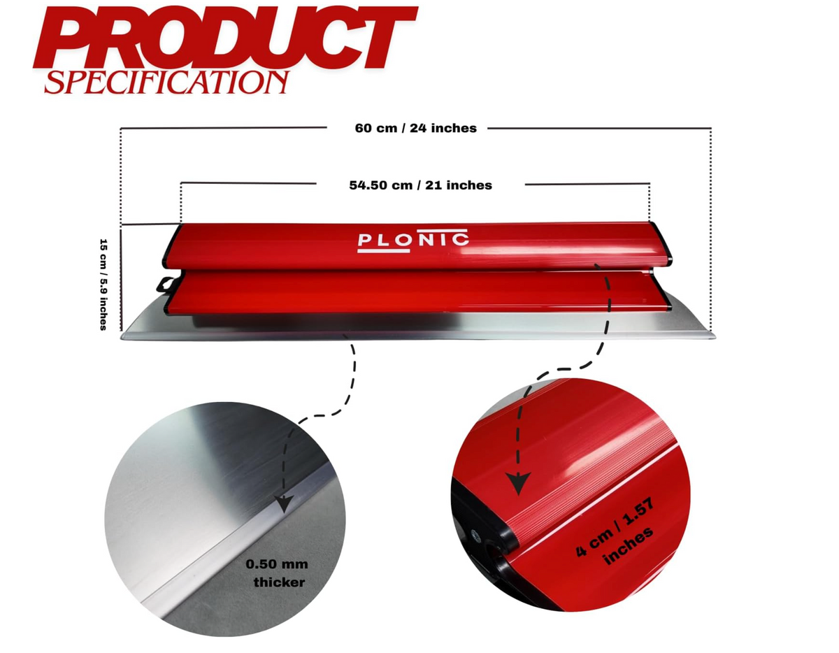 PLONIC 24 inch skimming blade specifications: 60 cm width and 0.50mm blade thickness