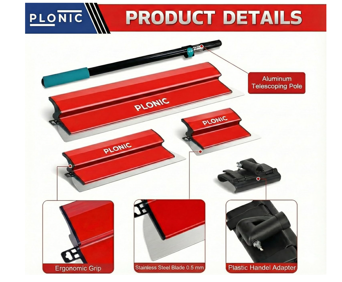 PLONIC 3-piece set product details: ergonomic grip, 0.5mm stainless blade, handle adapter and aluminum telescoping pole