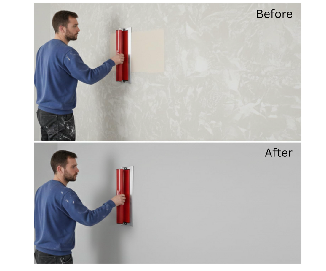 Before and after: textured wall skimmed to a smooth Level 5 finish with a PLONIC blade