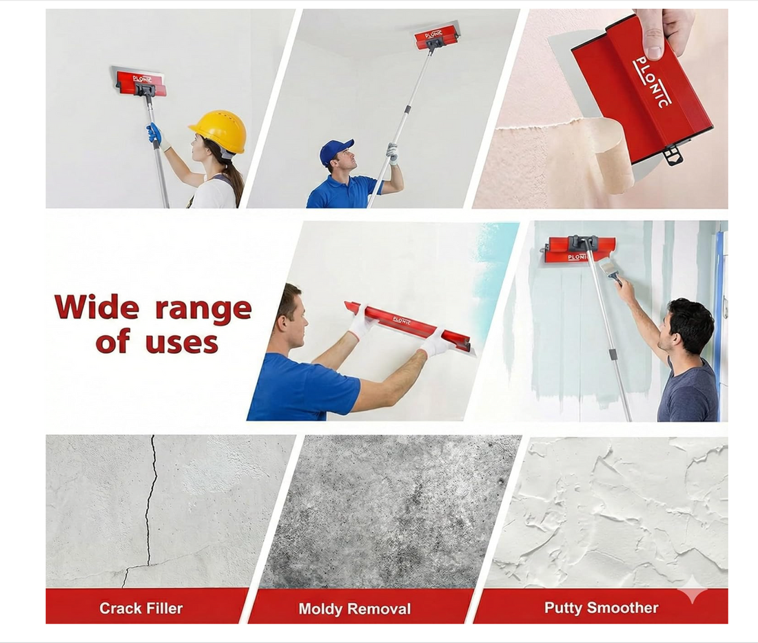 Uses for a PLONIC skimming blade: ceilings, walls, crack filling and putty smoothing