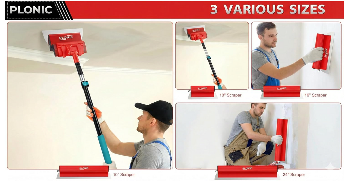 Three PLONIC skimming blade sizes in use on ceilings, walls and corners