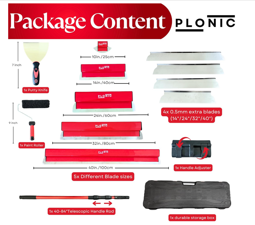 PLONIC 5 piece drywall skimming blade kit | PLONIC stainless steel skimming blade set | Drywall skimming blade kit with extension handle | Professional drywall finishing blade kit | 10 to 40 inch drywall skimming blades | Stainless steel skim coat knife set | Drywall finishing tools with carry case | Level 5 drywall finishing kit | Skim coating blade kit for walls and ceilings | Professional plaster skimming blade set | Joint compound finishing tool kit | Drywall smoothing blade set | Stainless steel drywal