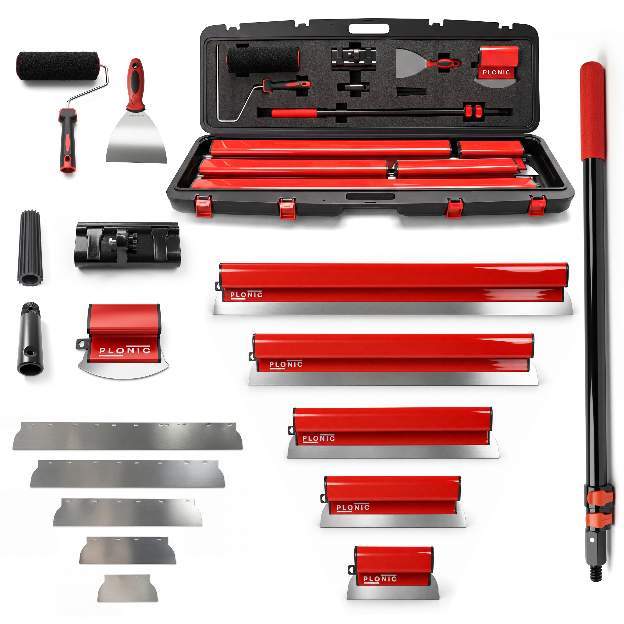 PLONIC 5 piece drywall skimming blade kit | PLONIC stainless steel skimming blade set | Drywall skimming blade kit with extension handle | Professional drywall finishing blade kit | 10 to 40 inch drywall skimming blades | Stainless steel skim coat knife set | Drywall finishing tools with carry case | Level 5 drywall finishing kit | Skim coating blade kit for walls and ceilings | Professional plaster skimming blade set | Joint compound finishing tool kit | Drywall smoothing blade set | Stainless steel drywal