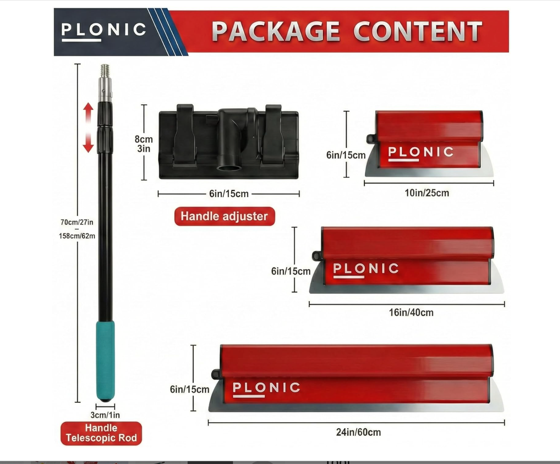 PLONIC 3-piece stainless steel skimming blade set | PLONIC drywall finishing blade kit with extension pole | 10 inch stainless steel skimming blade | 16 inch drywall skim coat blade | 24 inch professional skimming blade | Adjustable telescopic pole for drywall finishing | Drywall skimming blade set for smooth walls | Stainless steel skim coating blades for plaster | Professional drywall finishing tools by PLONIC | Flexible drywall blade for joint compound application | Wall and ceiling skimming blade kit | 