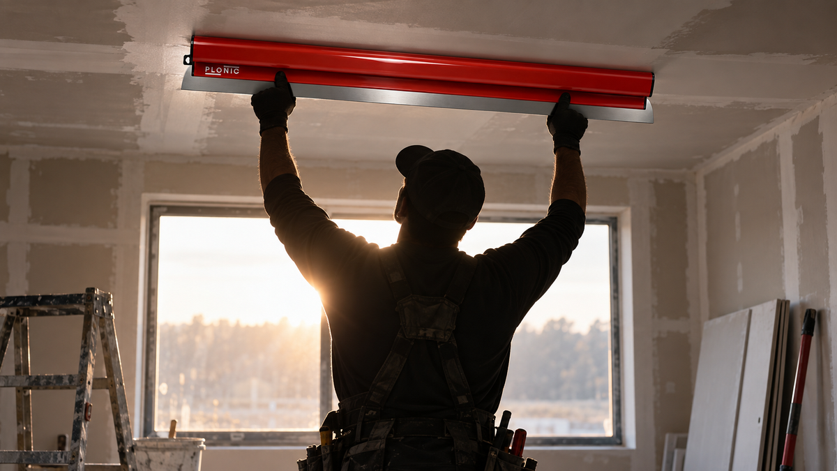 Drywall finisher skimming a ceiling with a PLONIC blade on an extension pole