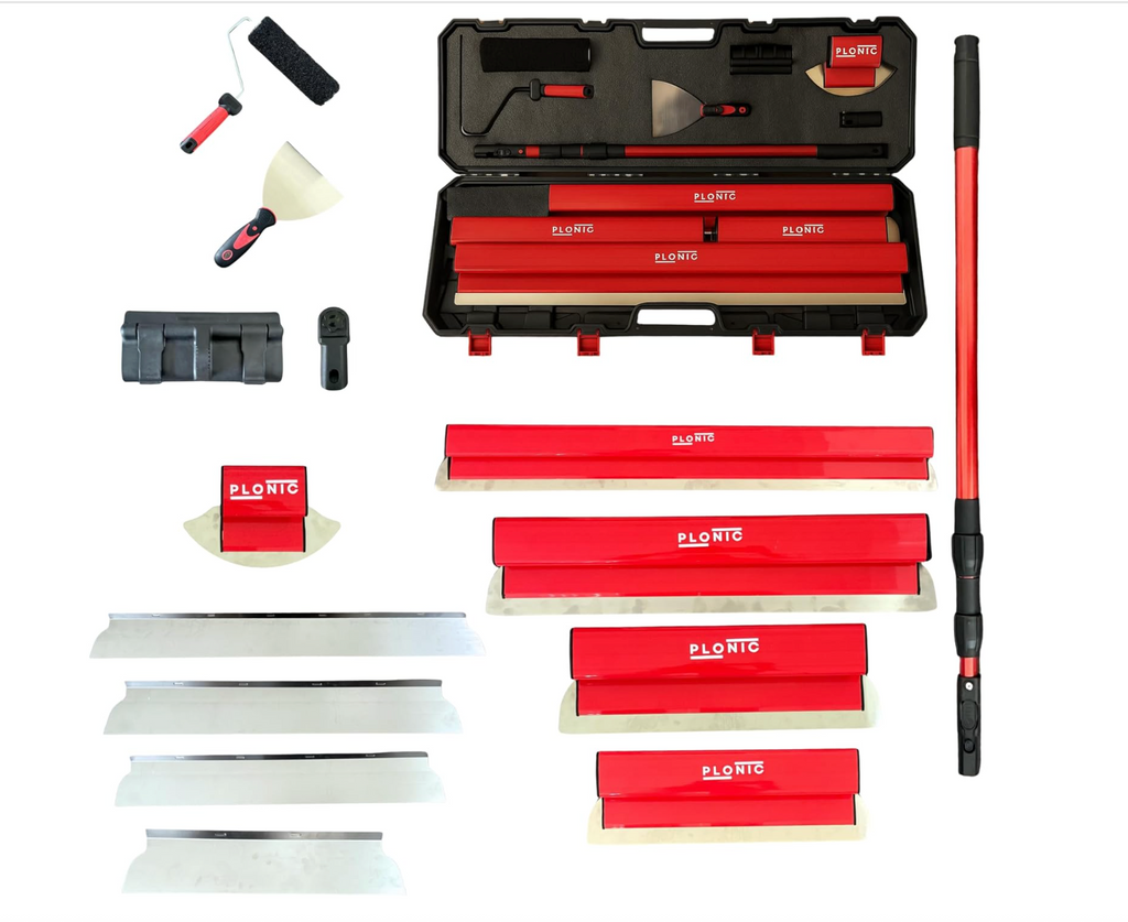 PLONIC 5 piece drywall skimming blade kit | PLONIC stainless steel skimming blade set | Drywall skimming blade kit with extension handle | Professional drywall finishing blade kit | 10 to 40 inch drywall skimming blades | Stainless steel skim coat knife set | Drywall finishing tools with carry case | Level 5 drywall finishing kit | Skim coating blade kit for walls and ceilings | Professional plaster skimming blade set | Joint compound finishing tool kit | Drywall smoothing blade set | Stainless steel drywal