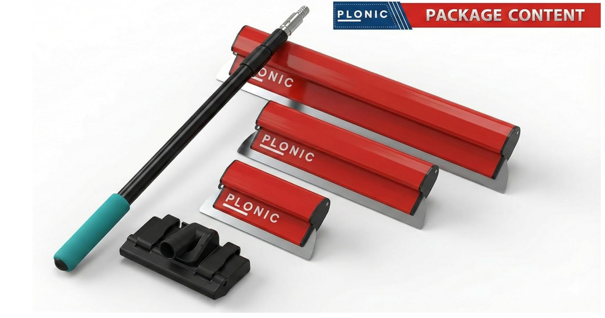 PLONIC 3-piece skimming blade set with pole and adapter on a white background